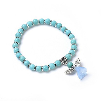 Dyed Synthetic Turquoise(Dyed) Beads Stretch Bracelets, with Transparent Frosted Acrylic Flower Beads and Tibetan Style Alloy Findings, Lovely Wedding Dress Angel Charm Bracelets