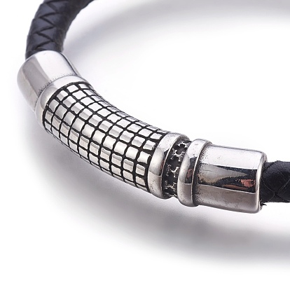 Leather Braided Cord Bracelets, with Stainless Steel Magnetic Clasps and Tube Beads