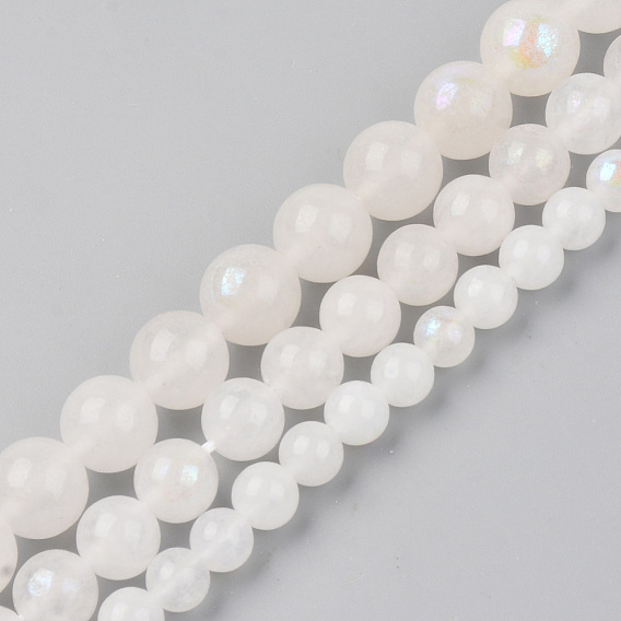 Brins de perles de pierre de lune blanche naturelle galvanisées, ronde
