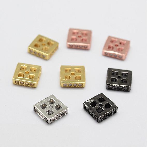 Brass Micro Pave Cubic Zirconia Spacer Beads, Square, Lead Free & Nickel Free