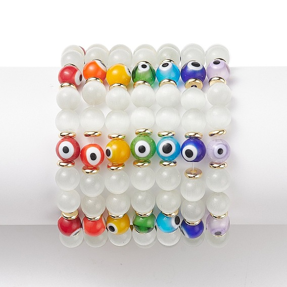 7 pcs 7 couleur œil de chat et lampwork mauvais œil bracelets extensibles perlés ronds, bracelets empilables porte-bonheur pour femmes