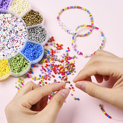 DIY Jewelry Set Making, Bracelet with Craft Acrylic Letter Beads, 8/0 Baking Paint Glass Round Seed Beads and Elastic Crystal Thread