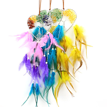 Heart with Tree of Life Gemstone Chip Wind chimes Pendant Decorations, with Feather, for Home Bedroom Hanging Decorations