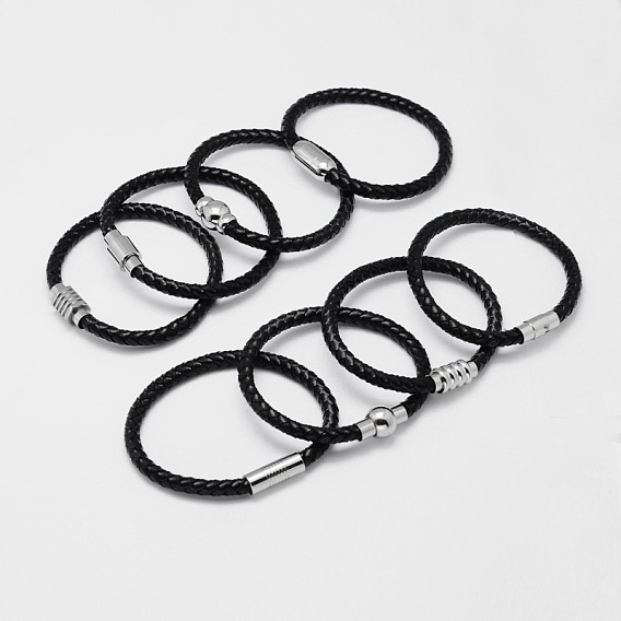 Tressés mixte bracelets de cordon en cuir, avec 304 fermoirs magnétiques en acier inoxydable, 200x6mm