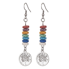 Dyed Colorful Natural Lava Rock Beaded Dangle Earrings, Tibetan Style Alloy Tree of Life Long Drop Earrings with 304 Stainless Steel Pins