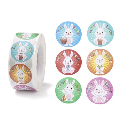 Rouleaux d'autocollants en papier autocollant sur le thème de Pâques, avec motif de lapin, étiquettes autocollantes rondes, autocollants d'étiquette de cadeau
