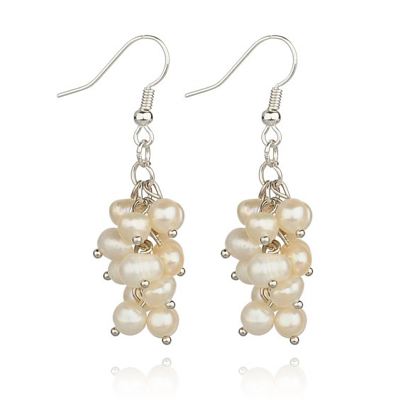 Grade A Pearl Beads Earrings, with Brass Earring Hooks, Platinum Metal Color, 45mm, Pin: 0.6mm