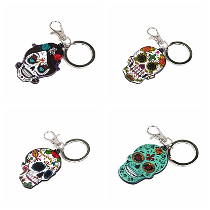 Sugar Skull Pendant Keychain for Mexico Holiday Day of The Dead, Alloy & Acrylic Keychain with Split Key Ring & Swivel Clasps
