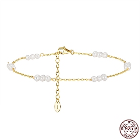 Bracelet de cheville à maillons en perles d'eau douce naturelles avec chaîne câblée en argent sterling pour femmes, avec cachet s