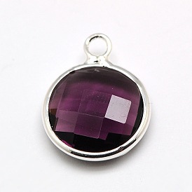 Silver Color Plated Brass Glass Flat Round Pendants, Faceted