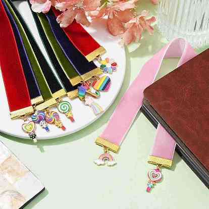 Velvet Ribbon Bookmarks, Alloy Enamel Rainbow Lollipop Charm Bookmarks