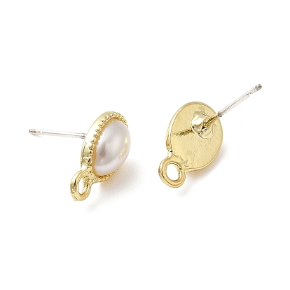 Alloy Stud Earring Findings, with Plastic Pearl Beaded & 925 Sterling Silver Pins & Horizontal Loops, Oval