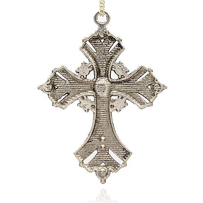 Alloy Latin Cross Clenched Large Gothic Pendants, with Rhinestone, Antique Silver, 74x54x8mm, Hole: 3mm