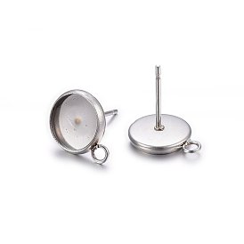 304 Stainless Steel Stud Earring Settings, with Loop, Flat Round