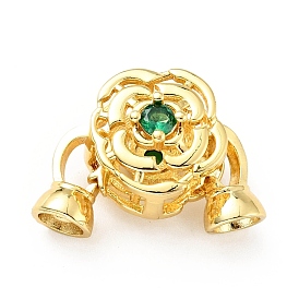 Rack Plating Brass Green Cubic Zirconia Fold Over Clasps, Cadmium Free & Lead Free, Long-Lasting Plated, Flower