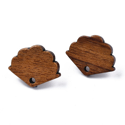 Walnut Wood Stud Earring Findings, with Hole and 304 Stainless Steel Pin, Fan