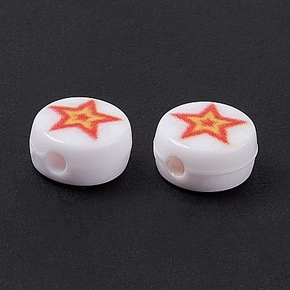 Opaque Printed Acrylic Beads, Flat Round with Star