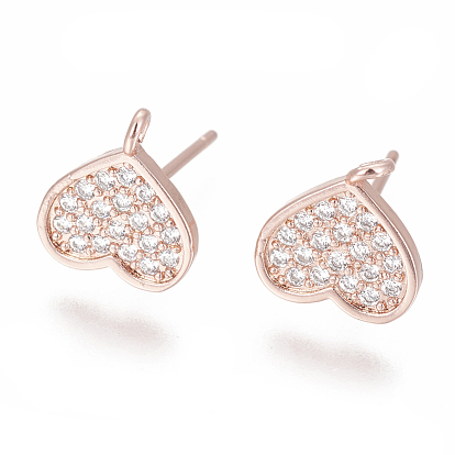 Brass Stud Earring Findings, with Cubic Zirconia and Loop, Heart, Clear
