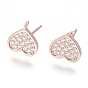 Brass Stud Earring Findings, with Cubic Zirconia and Loop, Heart, Clear