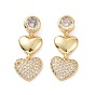 Clear Cubic Zirconia Double Heart Dangle Stud Earrings, Brass Jewelry for Women