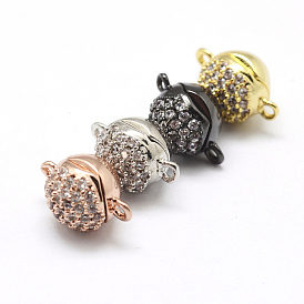 Brass Micro Pave Cubic Zirconia Magnetic Clasps with Loops, Round, Lead Free & Nickel Free & Cadmium Free