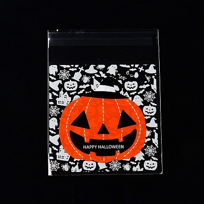 Sac de cuisson en plastique thème halloween, avec auto-adhésif, pour le chocolat, candy, biscuits, carré avec citrouille/fantôme