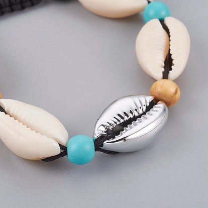 Bracelets réglables en nylon avec cordon de nylon, avec des perles de cauris et des perles de coquille de mer galvanisées, Perle en bois, turquoise synthétique