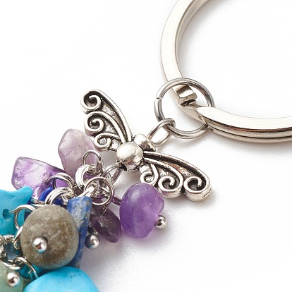 Porte-clés en perles de pierres précieuses naturelles et synthétiques, avec du laiton, fer, 304 Apprêts en acier inoxydable et alliage, ailes