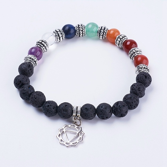 Natural Gemstone Stretch Bracelets, with Alloy Findings and Brass Pendants, Flower