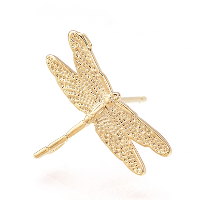 Brass Stud Earring Findings, with Loop, Nickel Free, Real 18K Gold Plated, Dragonfly