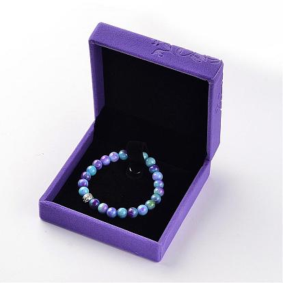 Square Velvet Bracelets Boxes, Jewelry Gift Boxes, Flower Pattern, 10.1x10x4.3cm