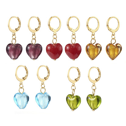 304 Stainless Steel Huggie Hoop Earrings, with Handmade Silver Foil Glass Beads, Heart, Golden