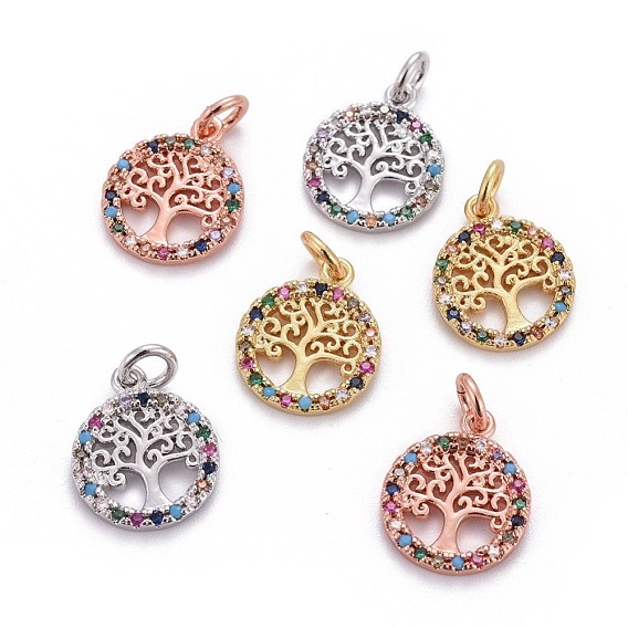 Micro cuivres ouvrent charmes de zircons, avec des anneaux de saut, plat et circulaire avec arbre de vie, colorées