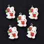 Resin Pendants, with Platinum Iron Findings, Cute, Rabbit with Strawberry