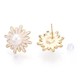 Daisy Flower Natural Pearl Stud Earrings with Enamel, Brass Earring with 925 Sterling Silver Pins