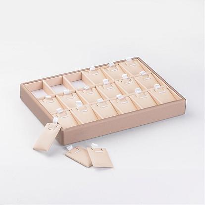 Boîtes de présentation collier en bois, recouvert de cuir PU, 18 grille présentoir de collier pendentif empilable, rectangle, 18x25x3.2 cm