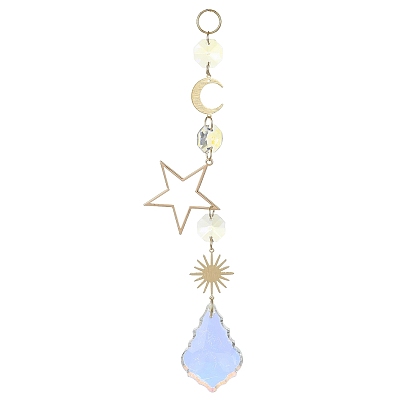 Glass Teardrop Pendant Decorations, Hanging Suncatchers, with Brass Moon & Sun & Star Link, for Home Decorations