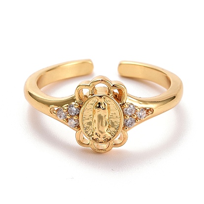 Flower with Virgin Mary Cubic Zirconia Cuff Ring, Real 18K Gold Plated Brass Open Ring for Women, Lead Free & Cadmium Free