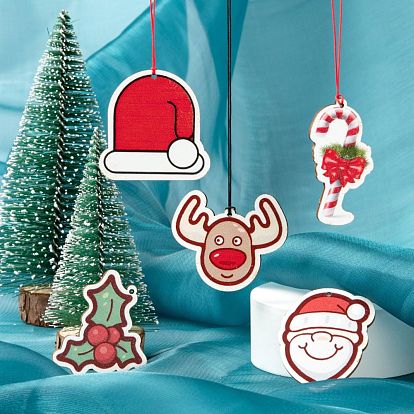 48Pcs 6 Style Printed Basswood Pendants, Christmas Stocking, Father Christmas, Christmas Crutches, Christmas Hat, Christmas Reindeer/Stag, Christmas Holly Leaves