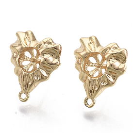 Brass Stud Earring Findings, with Loop, Real 18K Gold Plated, For Half Drilled Beads, Nickel Free, Heart