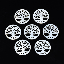Natural Freshwater Shell Filigree Joiners, Flat Round with Tree of Life