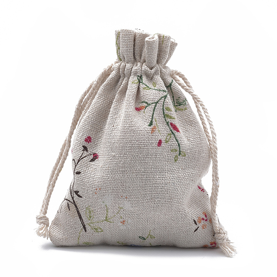 Polycotton(Polyester Cotton) Packing Pouches Drawstring Bags, with Printed Leafy Branches
