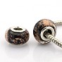 Mixed Handmade Lampwork Gold Sand European Large Hole Rondelle Beads, with Silver Color Plated Brass Double Cores, 14x9mm, Hole: 5mm