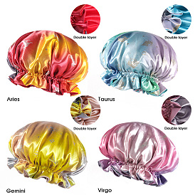 Polyester Satin Bonnets, Sleep Bonnet Cap, Double Layer Gradient Color Shower Caps, 12 Constellations Theme