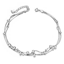 SHEGRACE 925 Sterling Silver Anklet with Triple Layered Chain and Beads