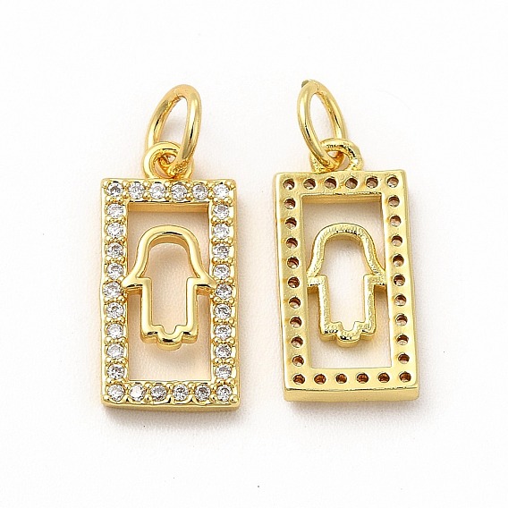Rack Plating Brass Micro Pave Cubic Zirconia Pendants, Rectangle with Hamsa Hand Charm, with Jump Ring