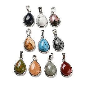 Gemstone Pendants, Teardrop Charms with Platinum Plated Brass Snap on Bails