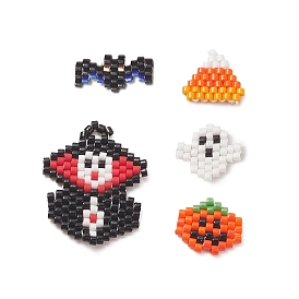 5Pcs 5 Style Handmade Loom Pattern MIYUKI Seed Beads, Witch & Bat & Ghost & Pumpkin Pendants, for Halloween