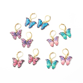 Alloy Enamel Butterfly Dangle Leverback Earrings, Gold Plated Brass Jewelry for Women