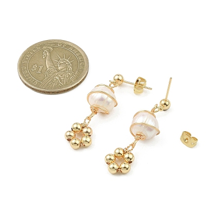 Natural Pearl Dangle Stud Earrings, Brass Wire Wrap Earrings for Woman